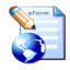 Blue & white icon with picture of a form with eForm written on it, small globe of the world & a pencil